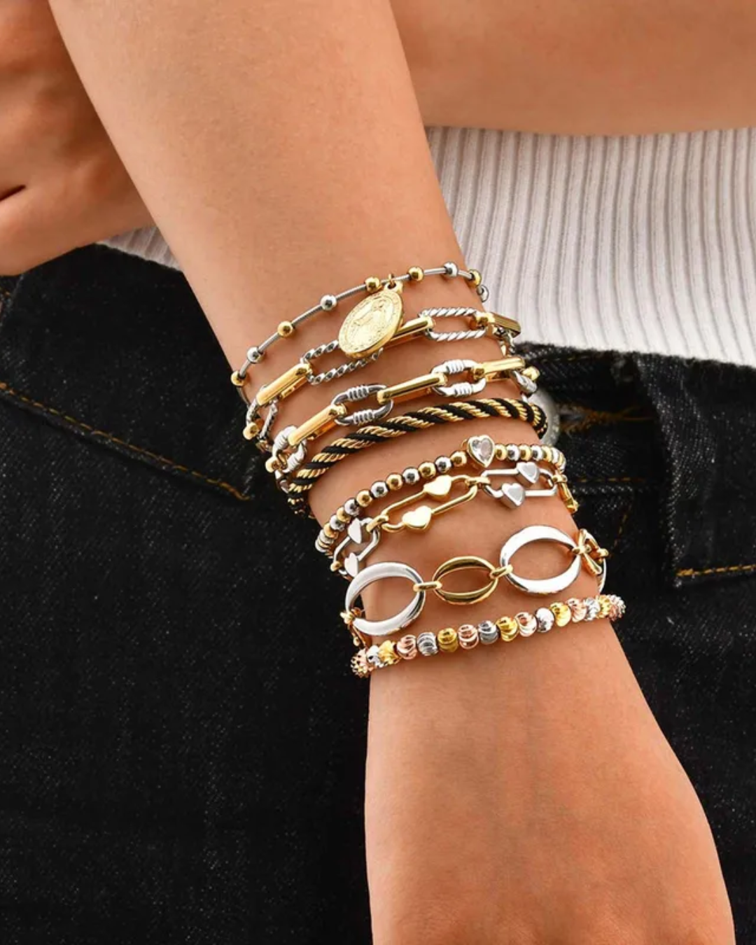 Stella Beaded Heart Mixed Metal stacking bracelet
