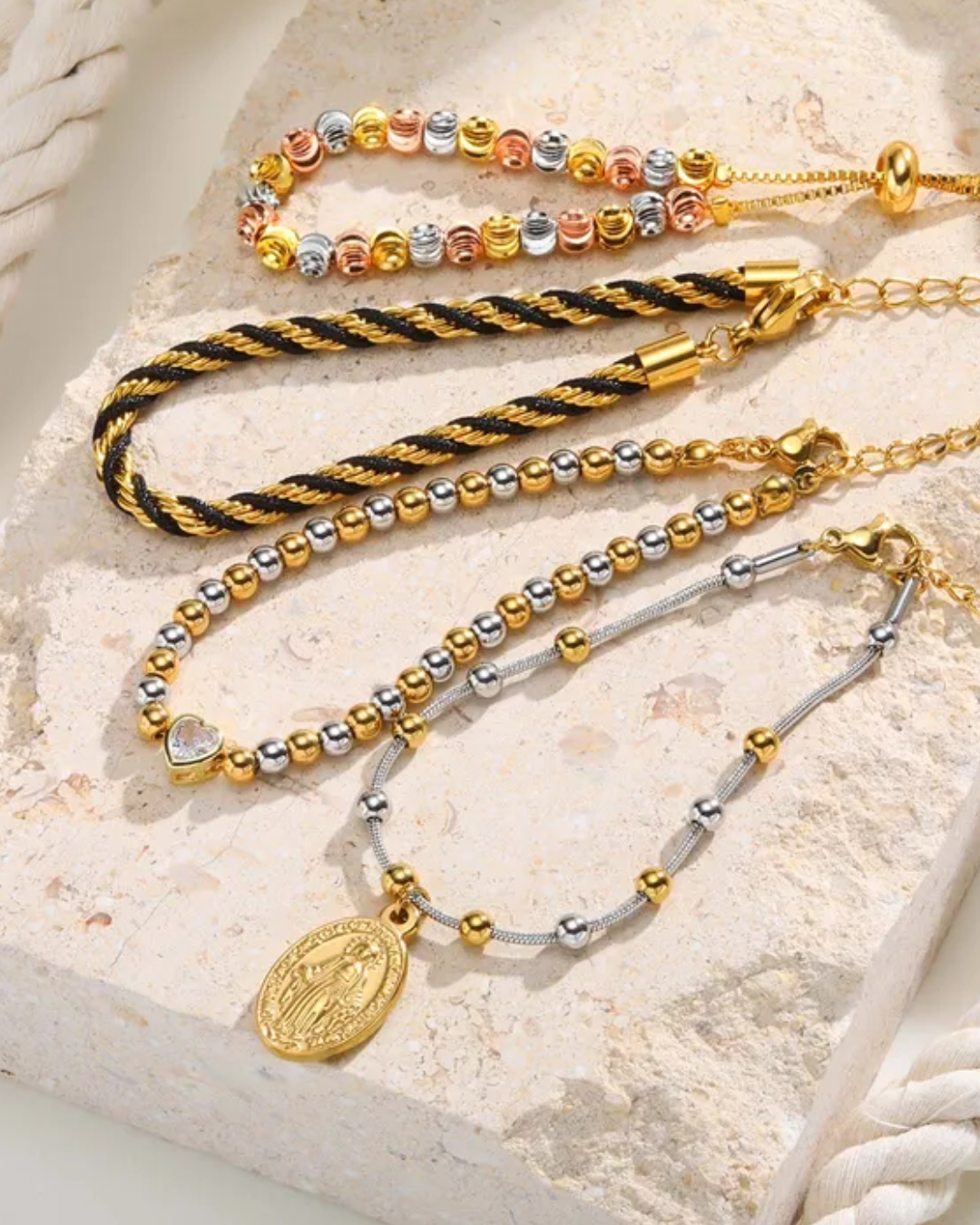 Stella Beaded Heart Mixed Metal stacking bracelet